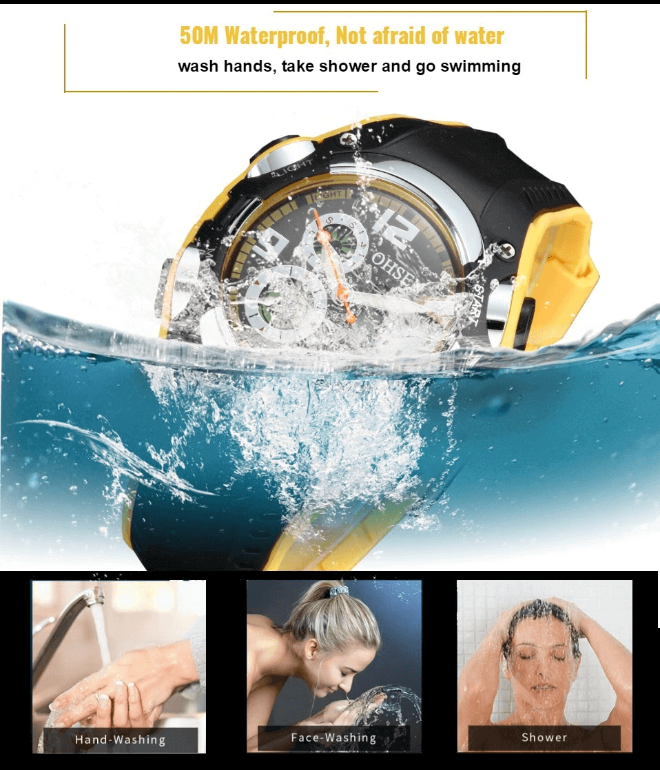 Digital Quartz Unisex Waterproof Wristwatch SF0436 submerged in water, showcasing durability for swimming, showering, and hand-washing.